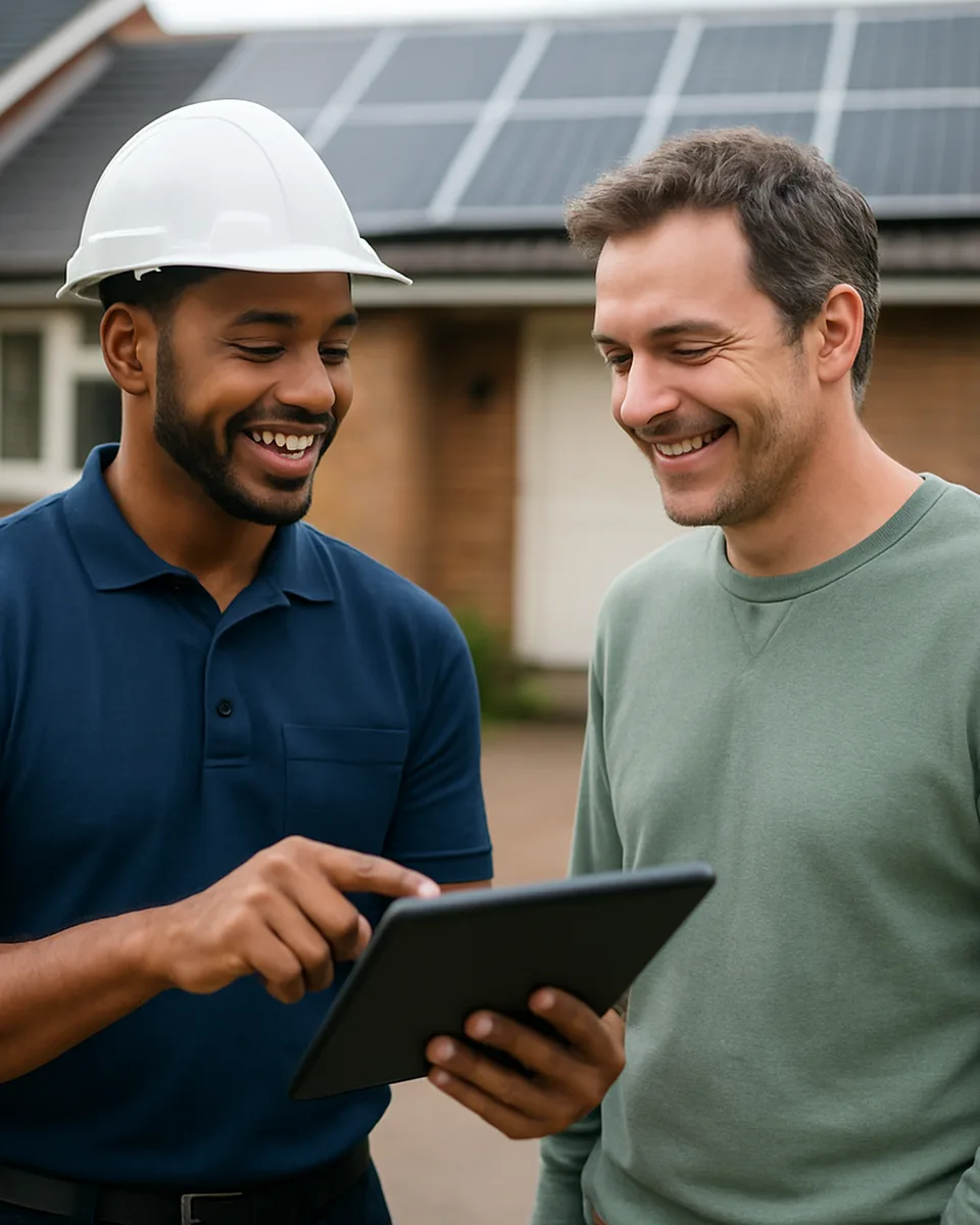 A Vysa Trading technician reviewing the installation with a homeowner