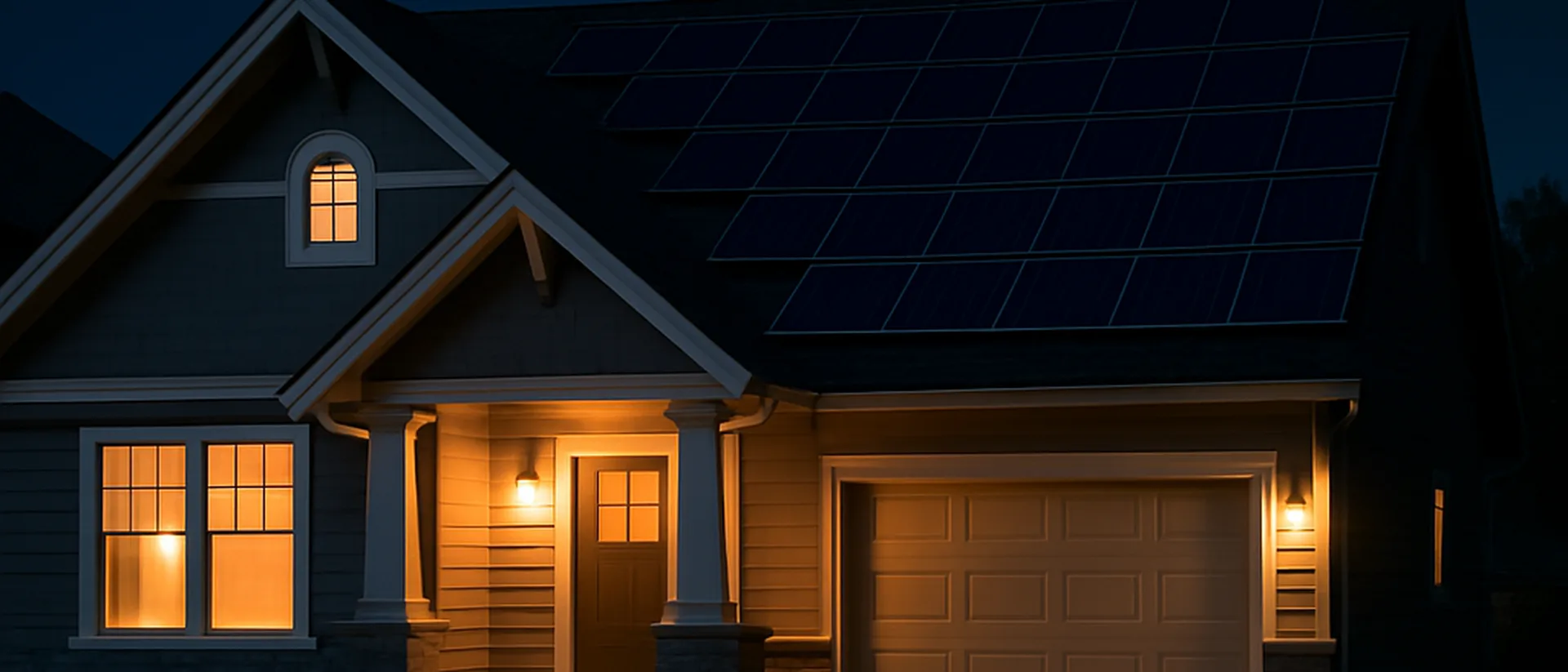 A Canadian home with solar panels glowing warmly at night